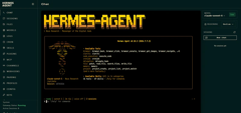 A Hermes Agent dashboard with chat, files, models, scheduled jobs and settings