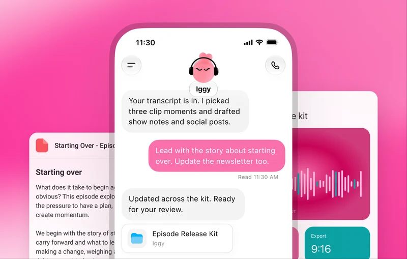 OpenAI’s illustration shows a dot preparing clips, show notes and social posts from a transcript
