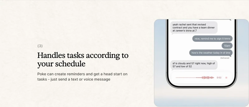 Poke website showing an example of a text conversation about scheduling and reminders