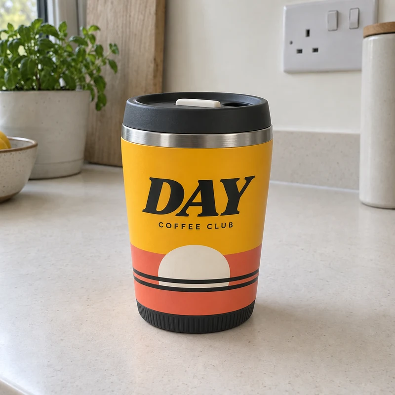 Original reference image of the yellow DAY COFFEE CLUB tumbler with a coral sunrise wrap and charcoal lid on a kitchen counter