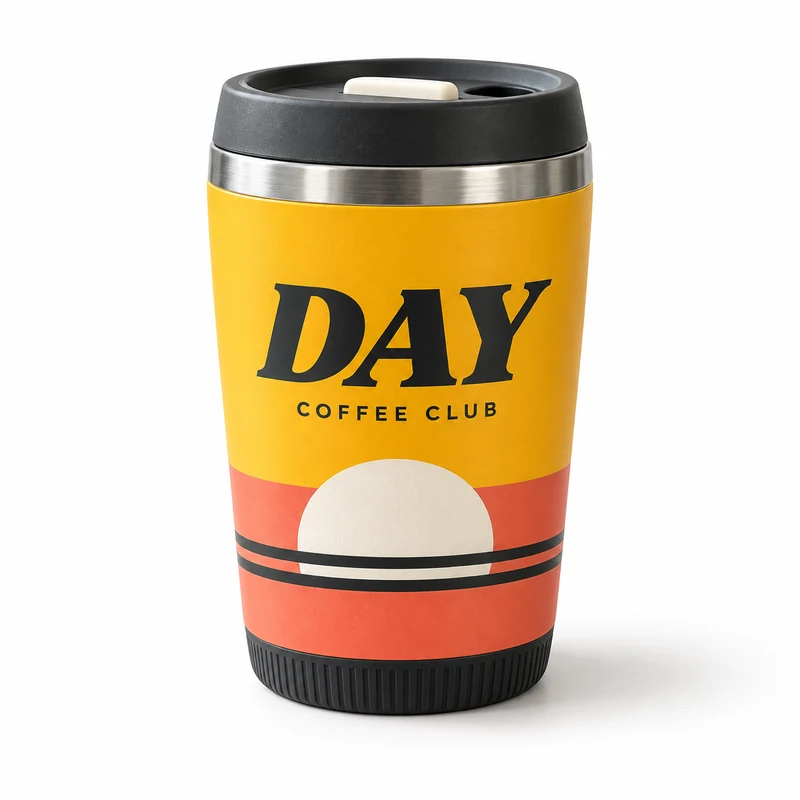 Yellow and coral DAY COFFEE CLUB tumbler centred on a white studio background with a soft grounding shadow