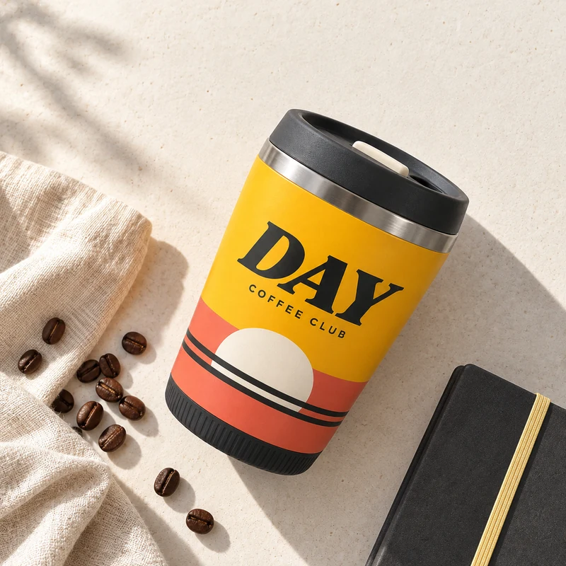 Top-down flat lay of the DAY COFFEE CLUB tumbler beside coffee beans, a cream napkin and a charcoal notebook, with clear space above