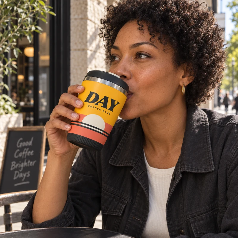 An adult woman seated outside a café, drinking from the yellow and coral DAY COFFEE CLUB tumbler