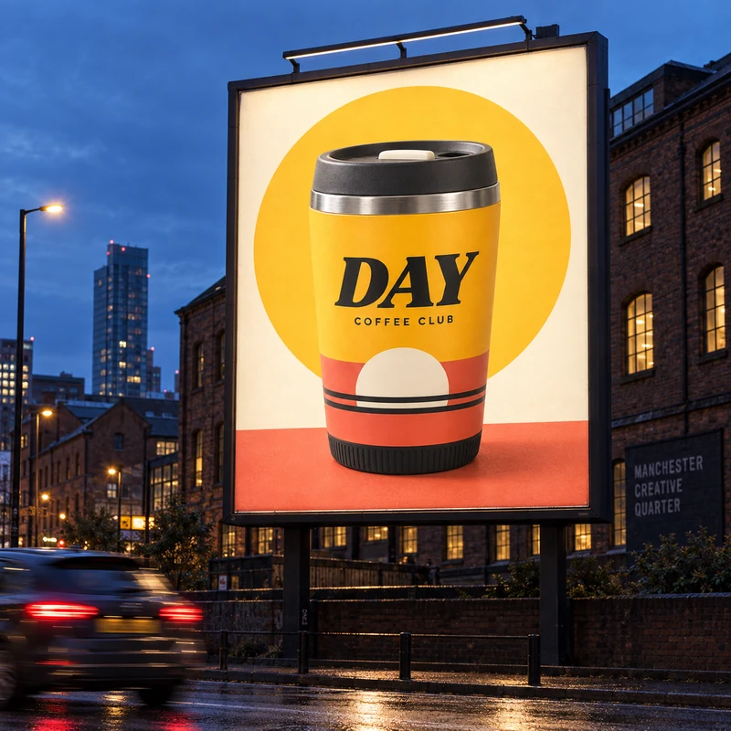 Illuminated British roadside billboard at dusk displaying the DAY COFFEE CLUB tumbler against a yellow circle and coral band