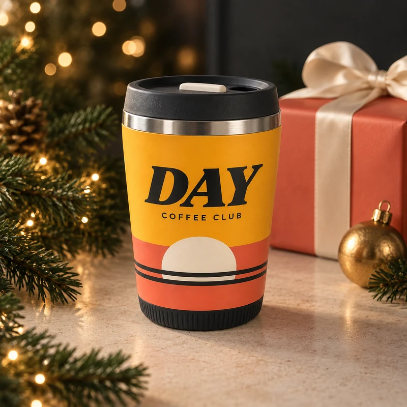 DAY COFFEE CLUB tumbler styled for Christmas with evergreen sprigs, warm fairy lights and a coral gift box tied with cream ribbon