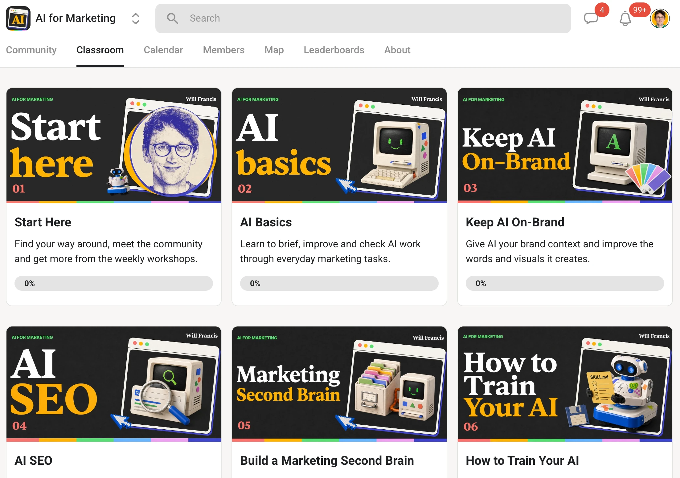 AI for Marketing classroom showing Start Here, AI Basics, Keep AI On-Brand, AI SEO, Build a Marketing Second Brain, and How to Train Your AI.