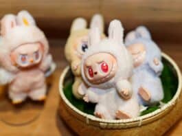 Four Labubu soft toys in a close-up photo