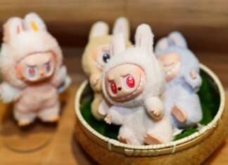 Four Labubu soft toys in a close-up photo