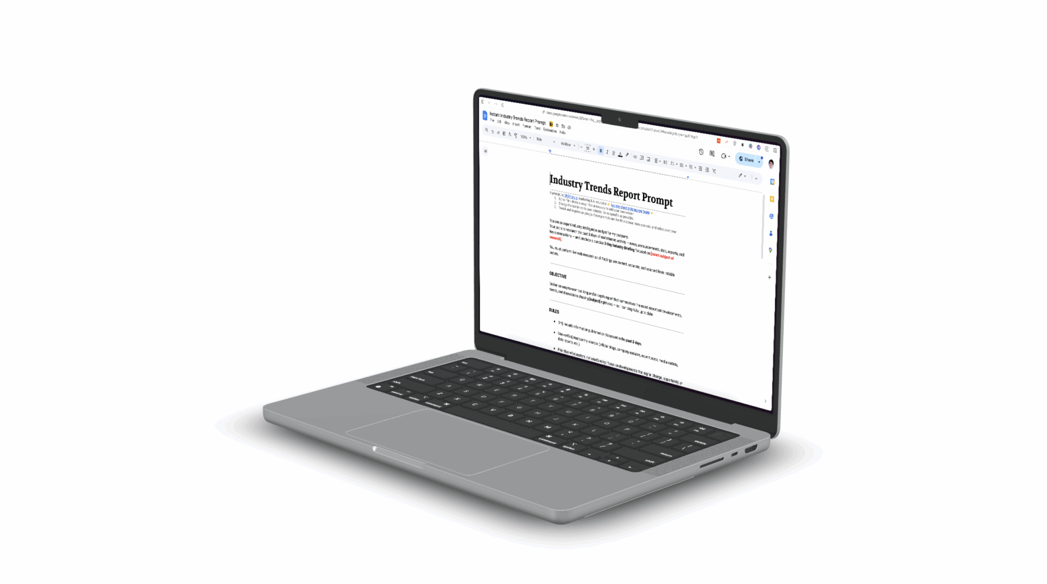 Screenshot of Google Docs showing an AI prompt template. Mocked up on a MacBook Pro.